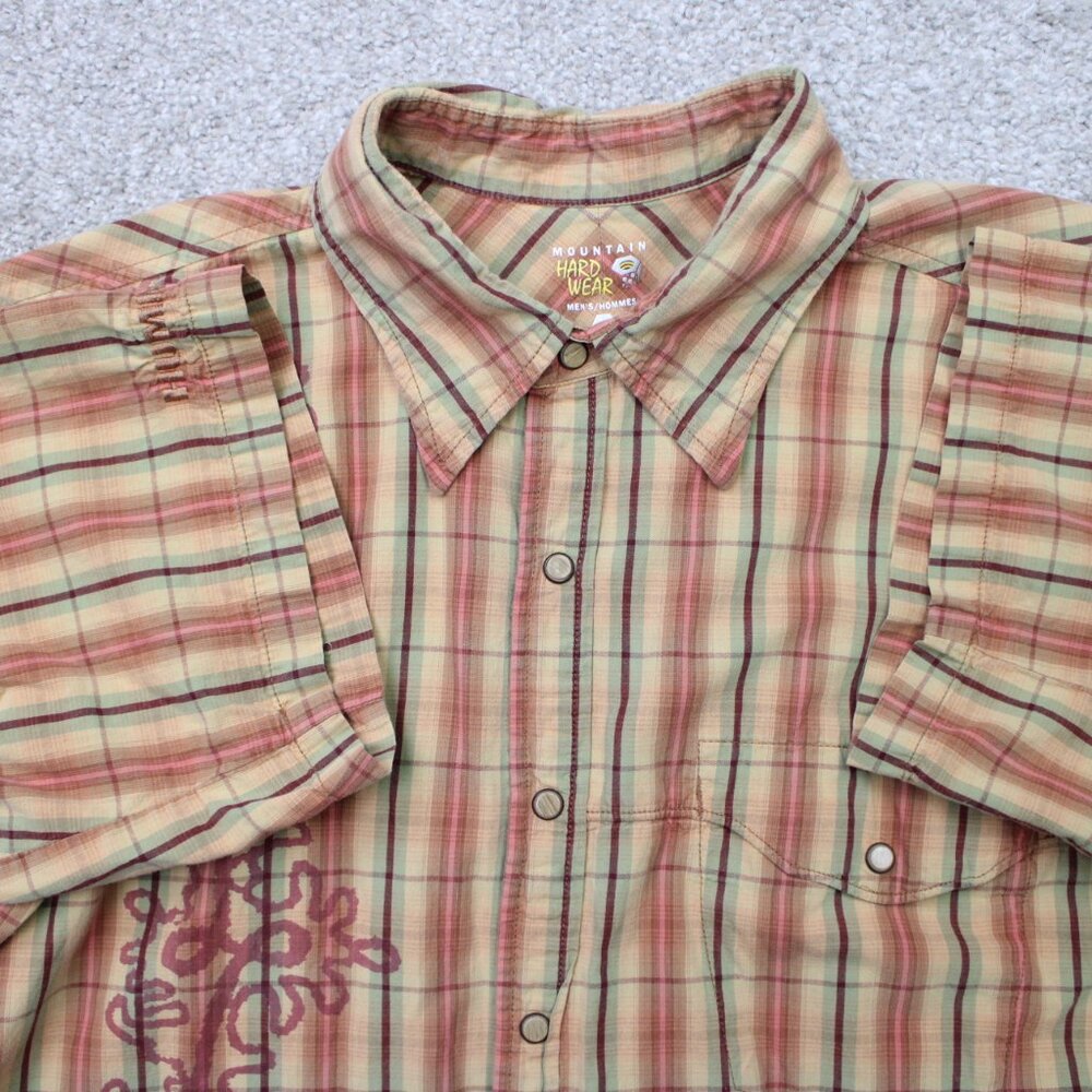 Mountain Hardwear‎ Shirt Mens XL Brown Plaid Geometric Cotton S/S Hummer logo